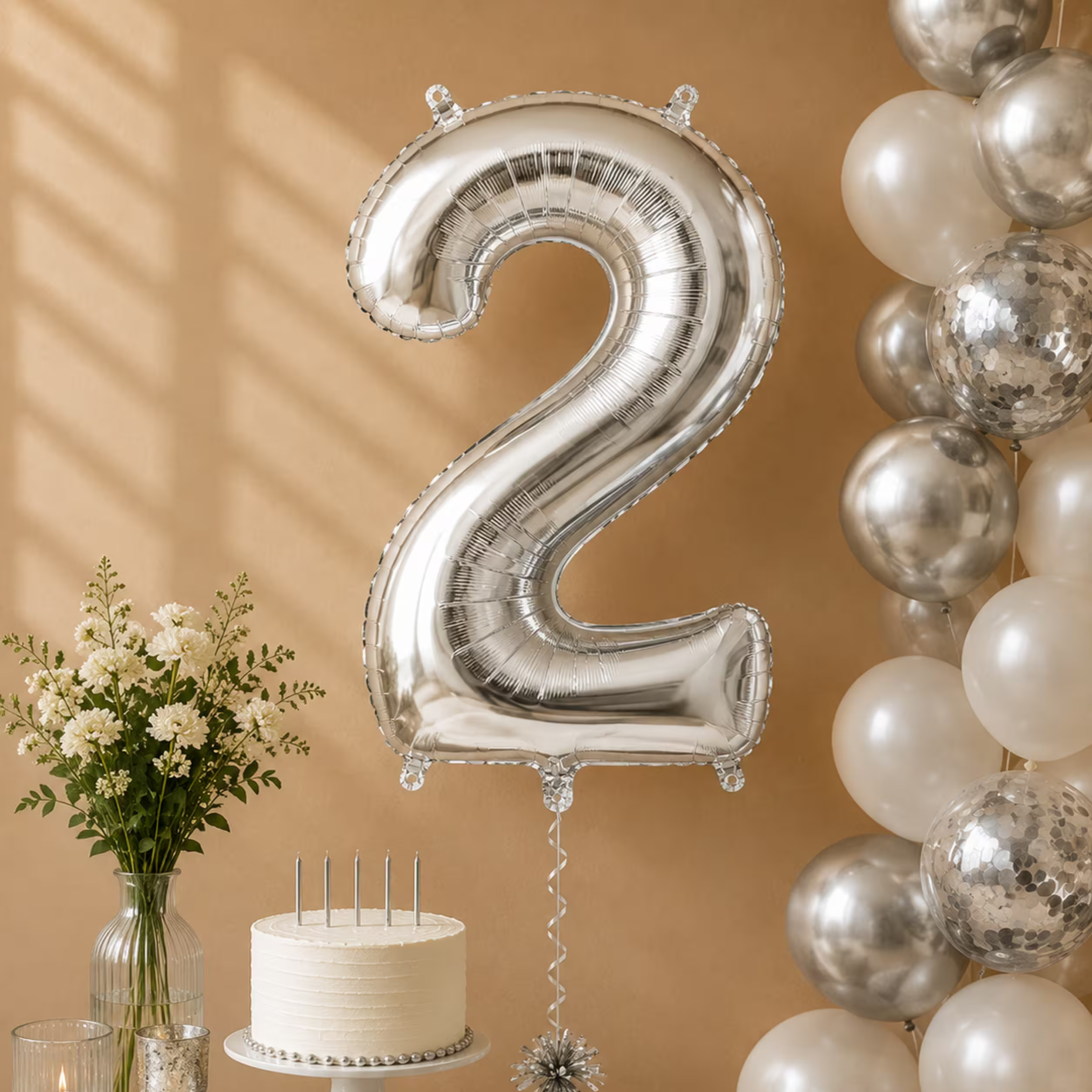 Balon cifra 2 argintiu cu heliu ca decor de petrecere