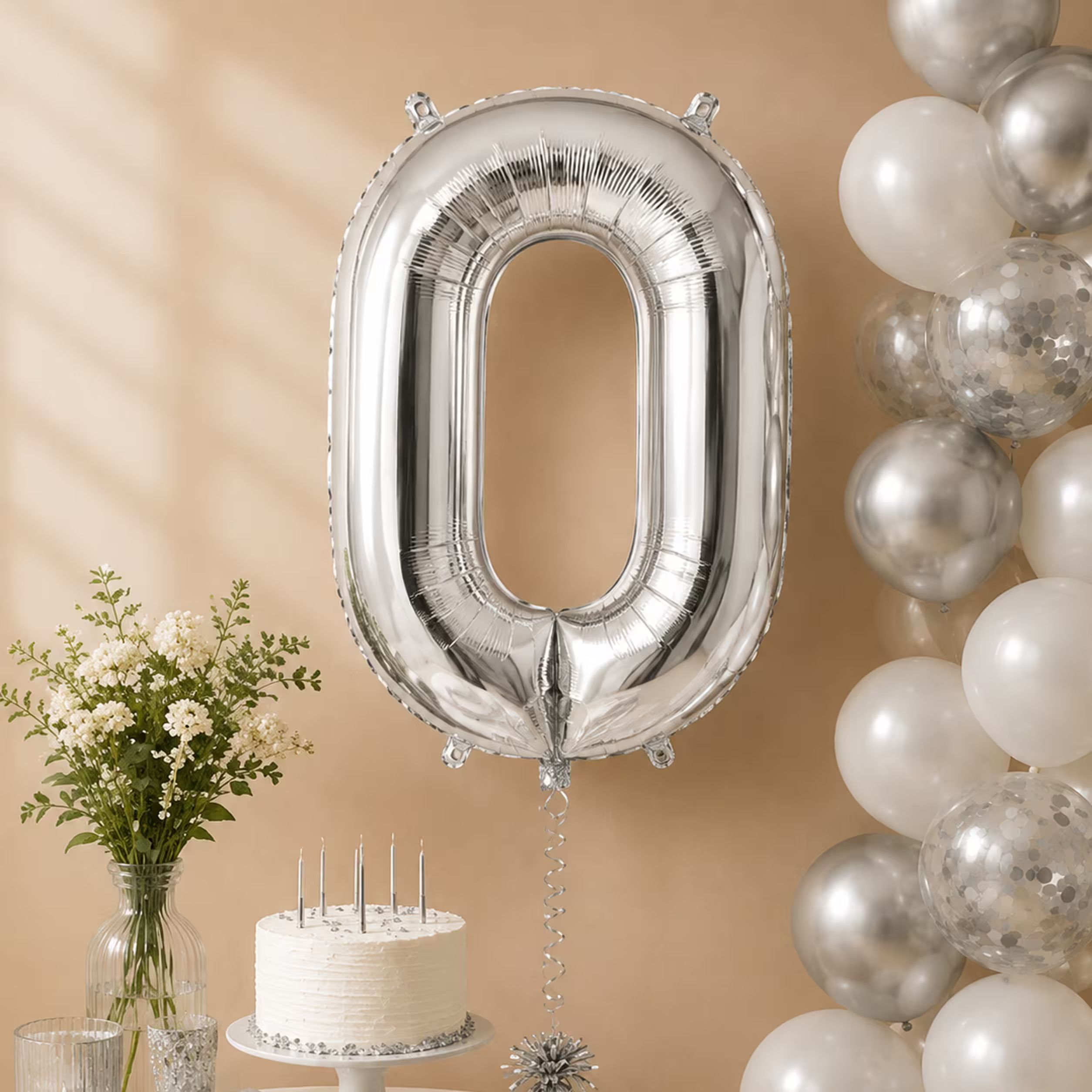 Balon cifra 0 argintiu cu heliu ca decor de petrecere