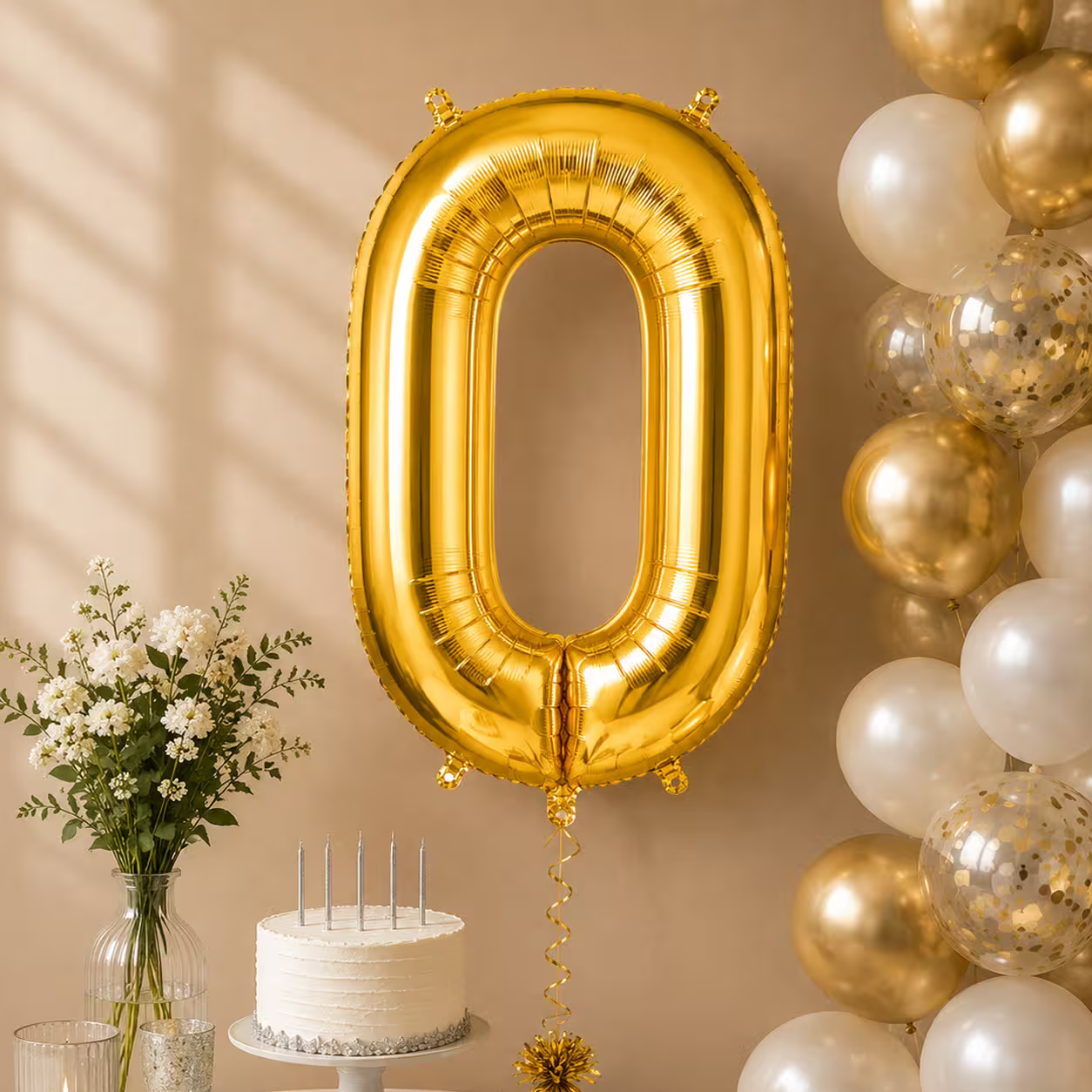 Balon cifra 0 auriu cu heliu ca decor de petrecere
