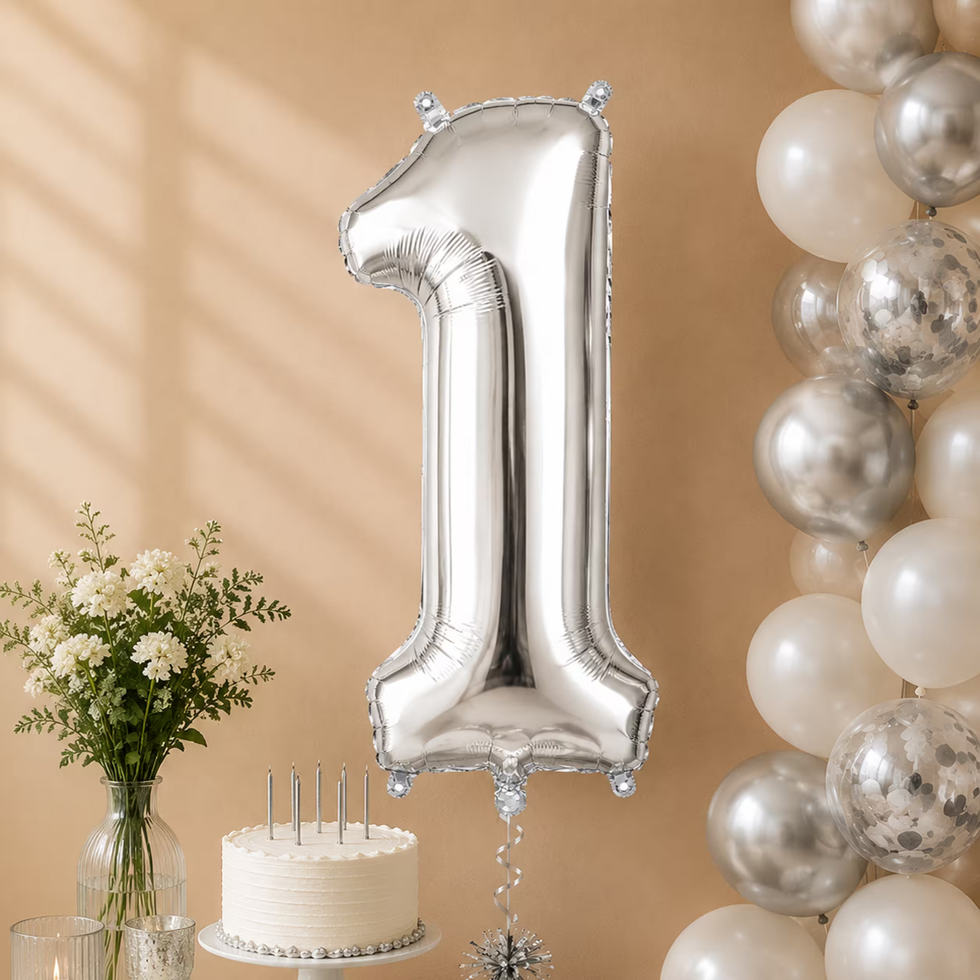 Balon cifra 1 argintiu cu heliu ca decor de petrecere