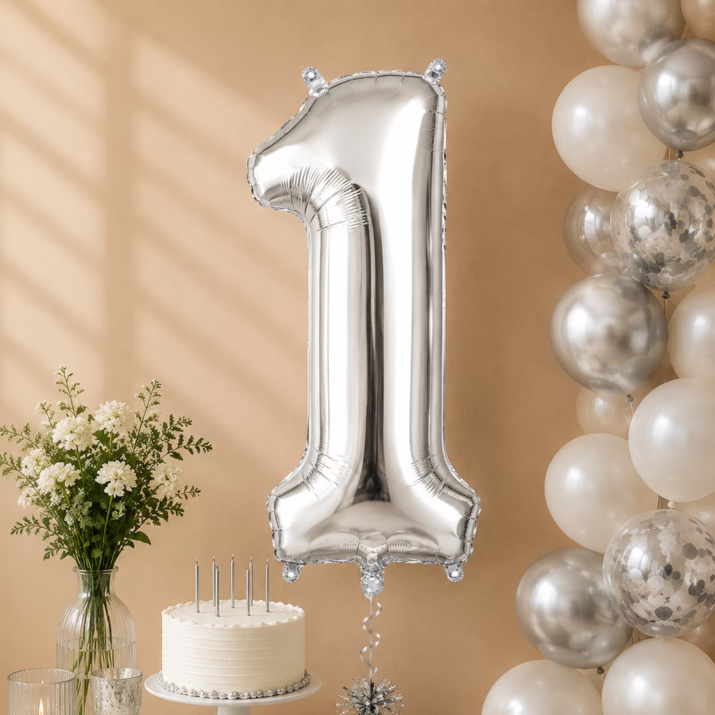 Balon cifra 1 argintiu cu heliu ca decor de petrecere