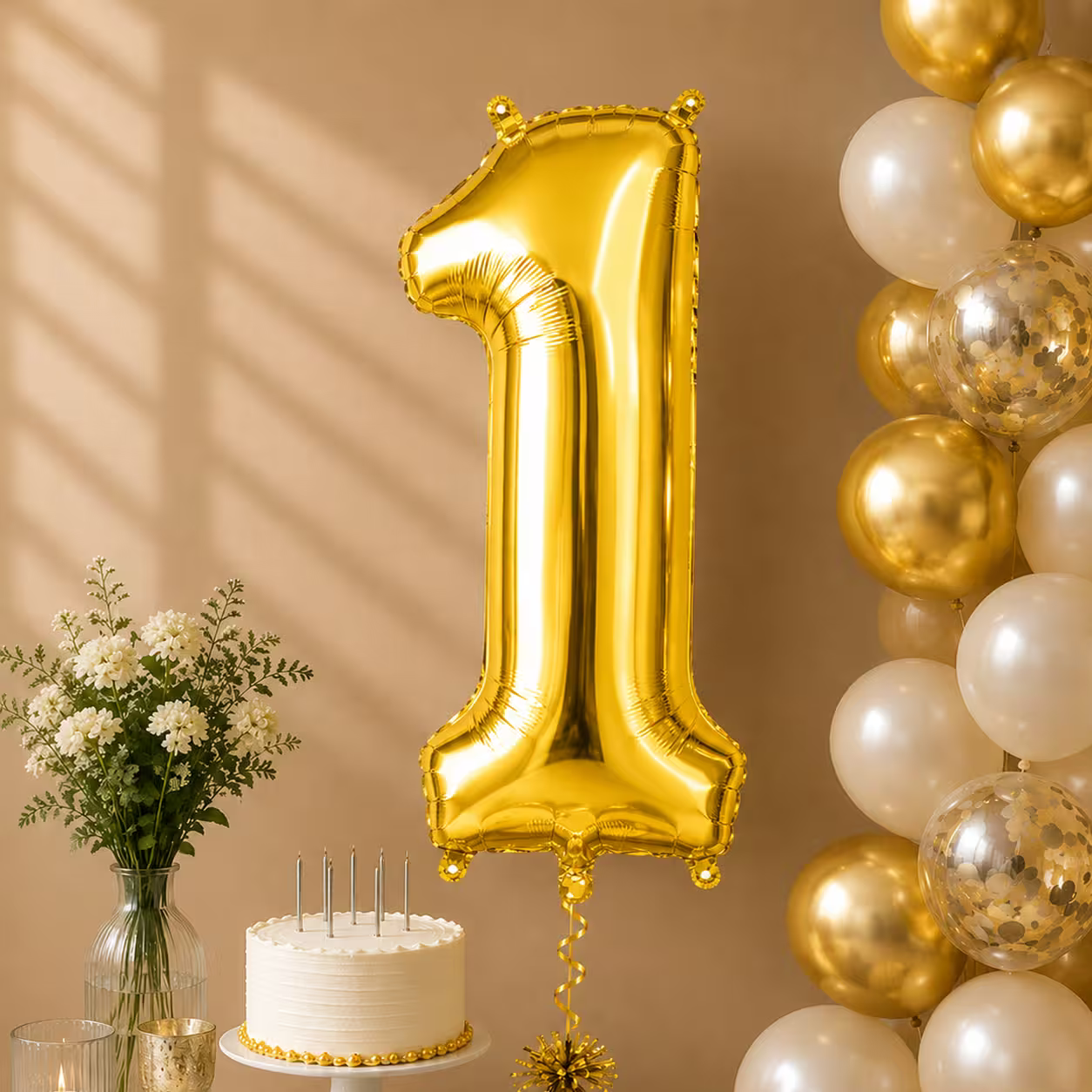 Balon cifra 1 auriu cu heliu ca decor de petrecere