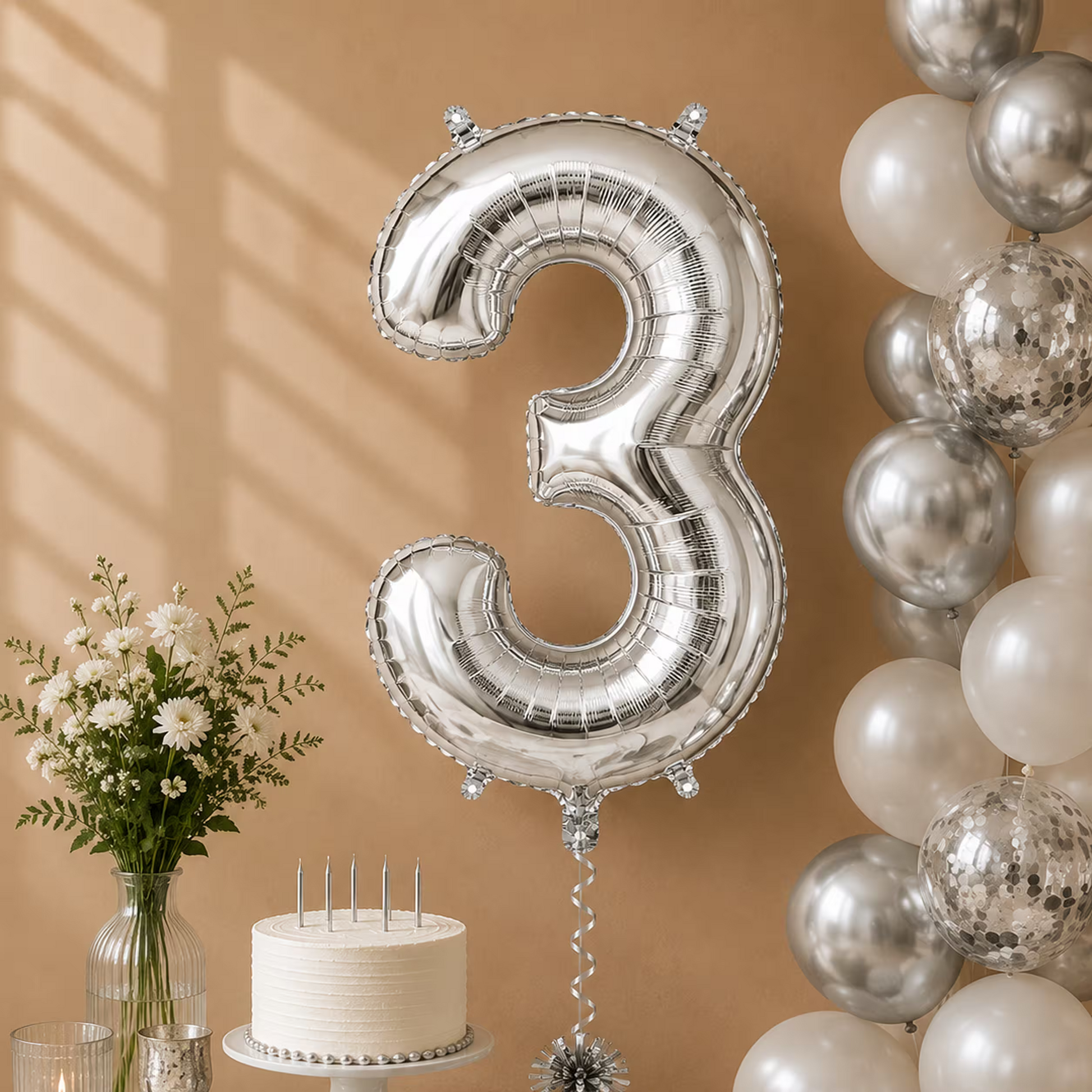 Balon cifra 3 argintiu cu heliu ca decor de petrecere
