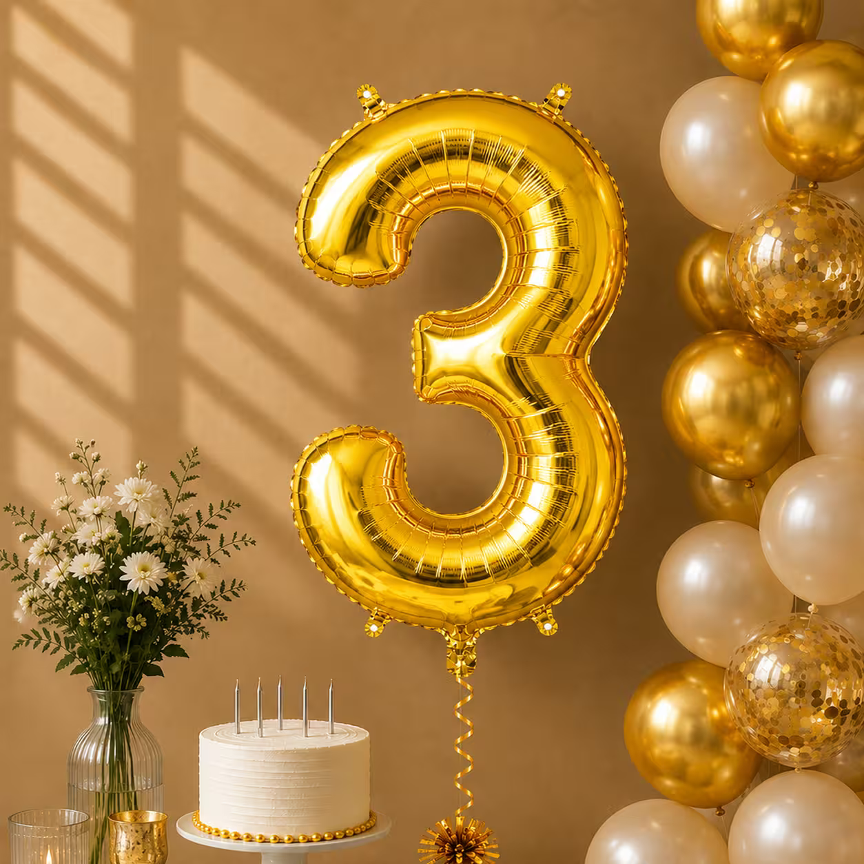 Balon cifra 3 auriu cu heliu ca decor de petrecere