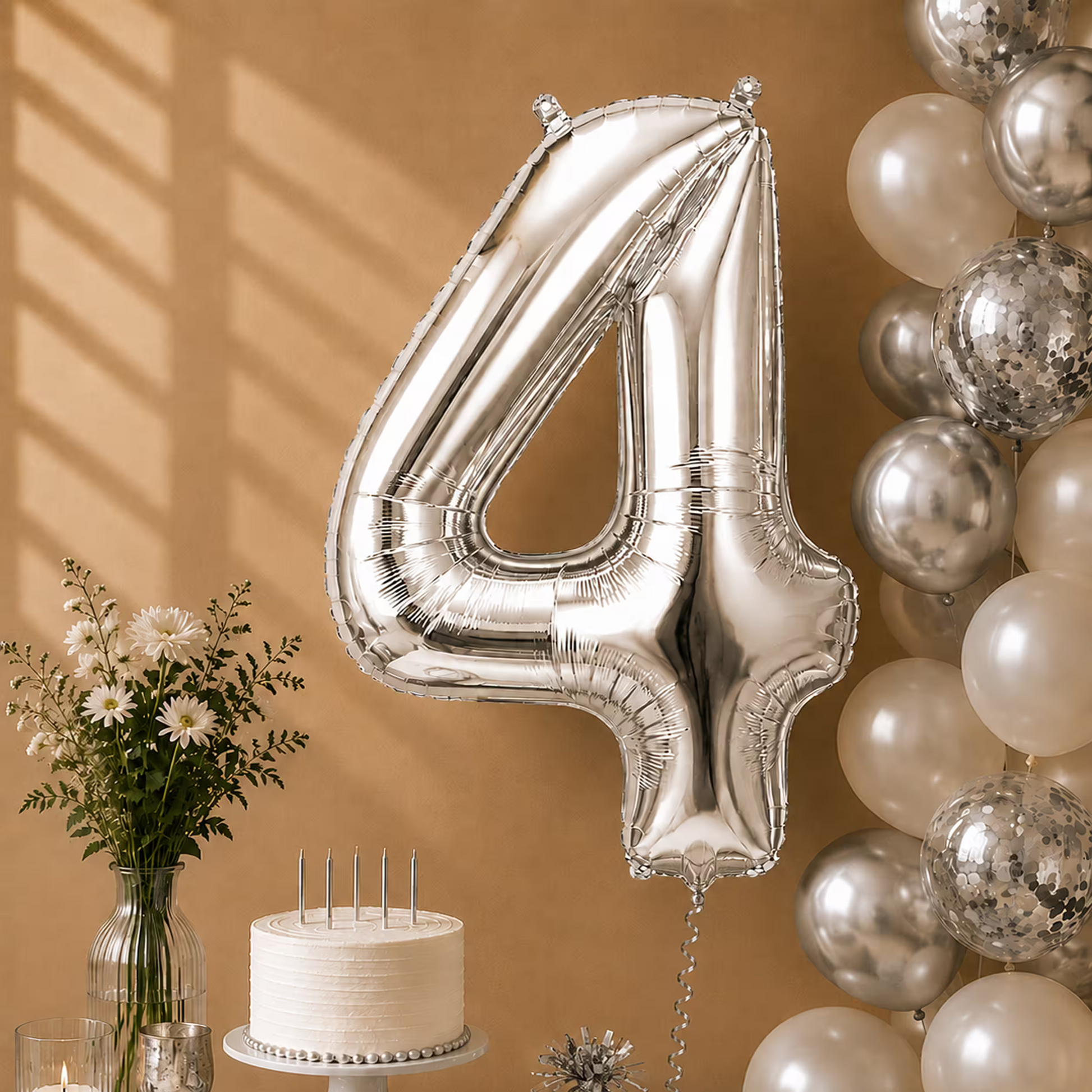 Balon cifra 4 argintiu cu heliu ca decor de petrecere
