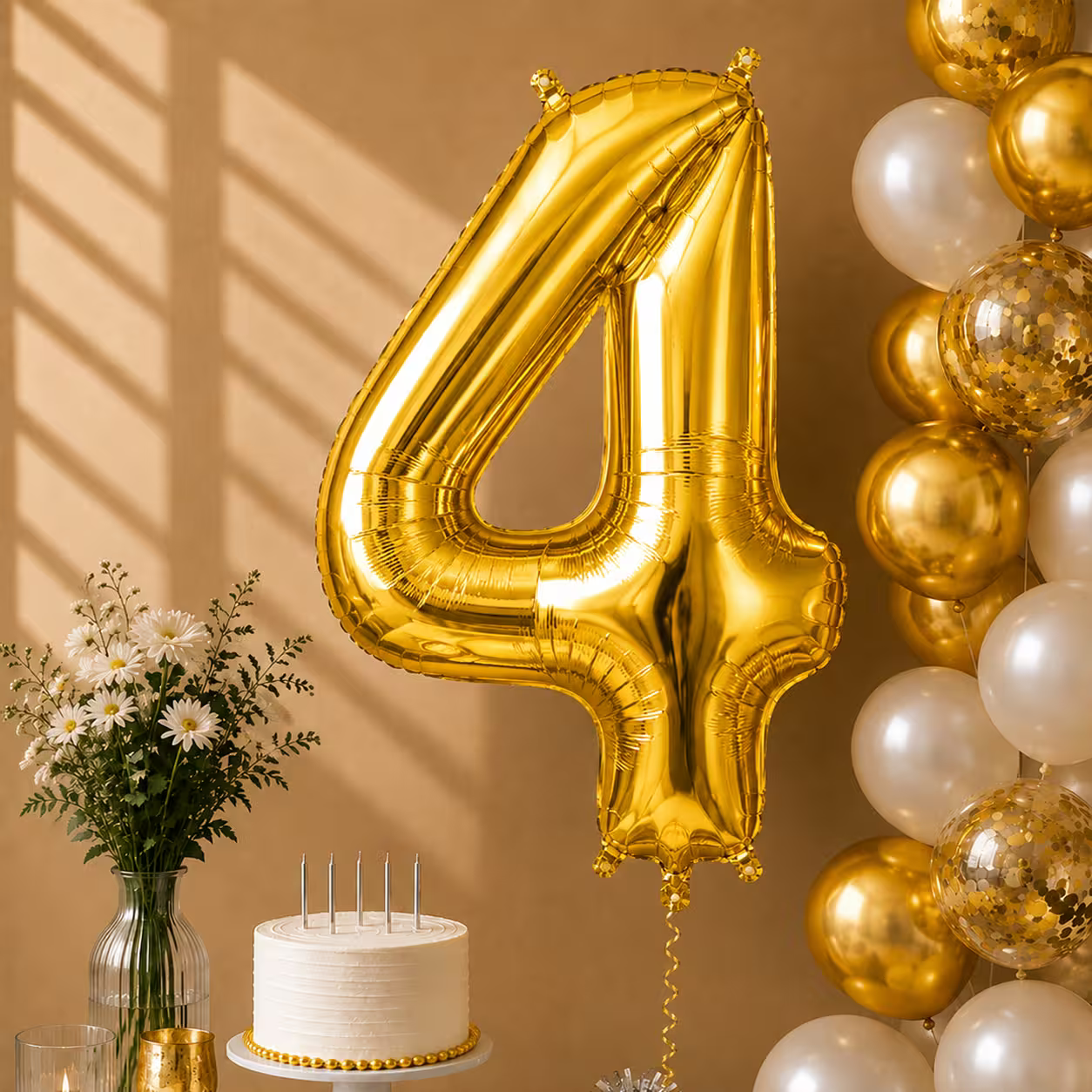 Balon cifra 4 auriu cu heliu ca decor de petrecere