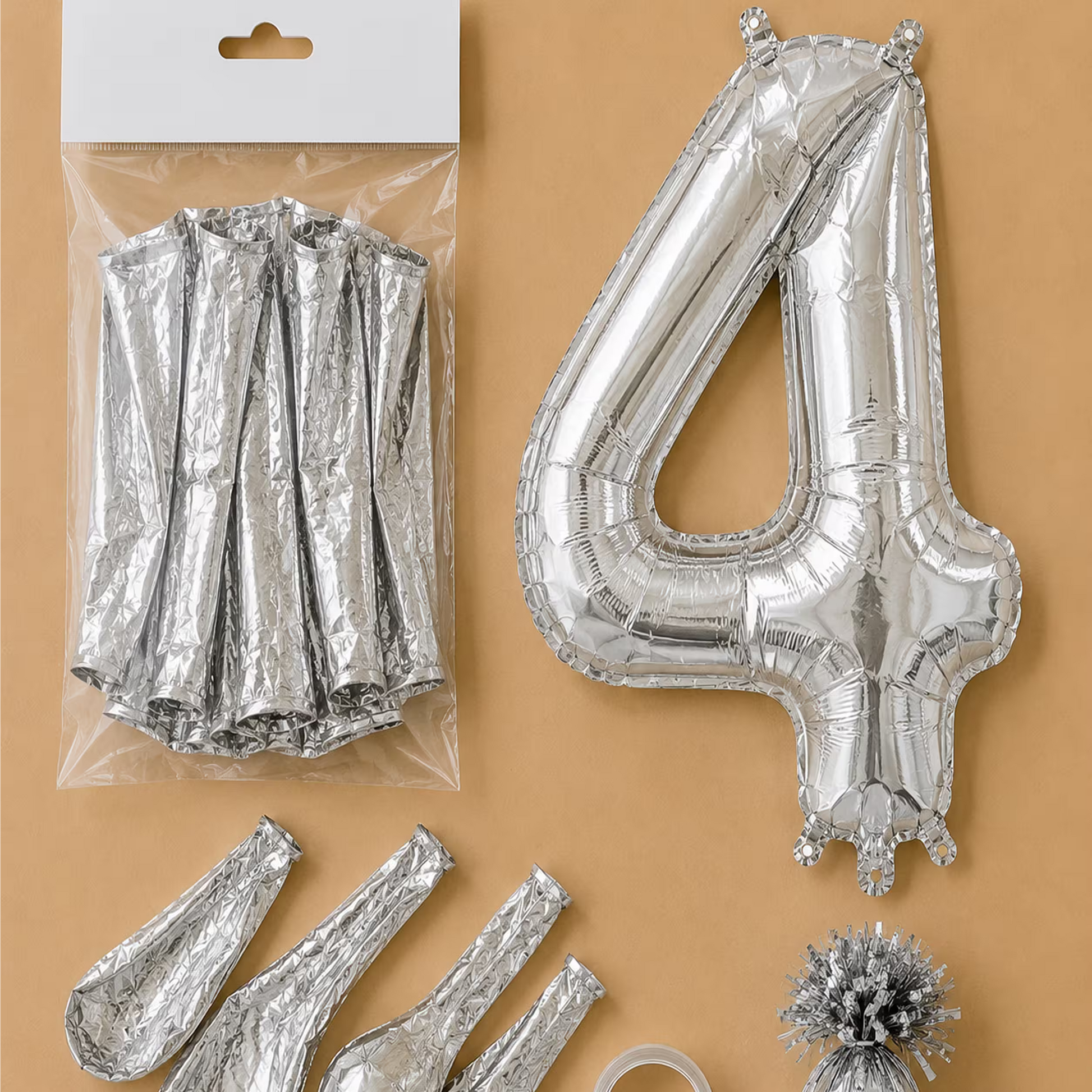 Set balon cifra 4 argintiu din folie