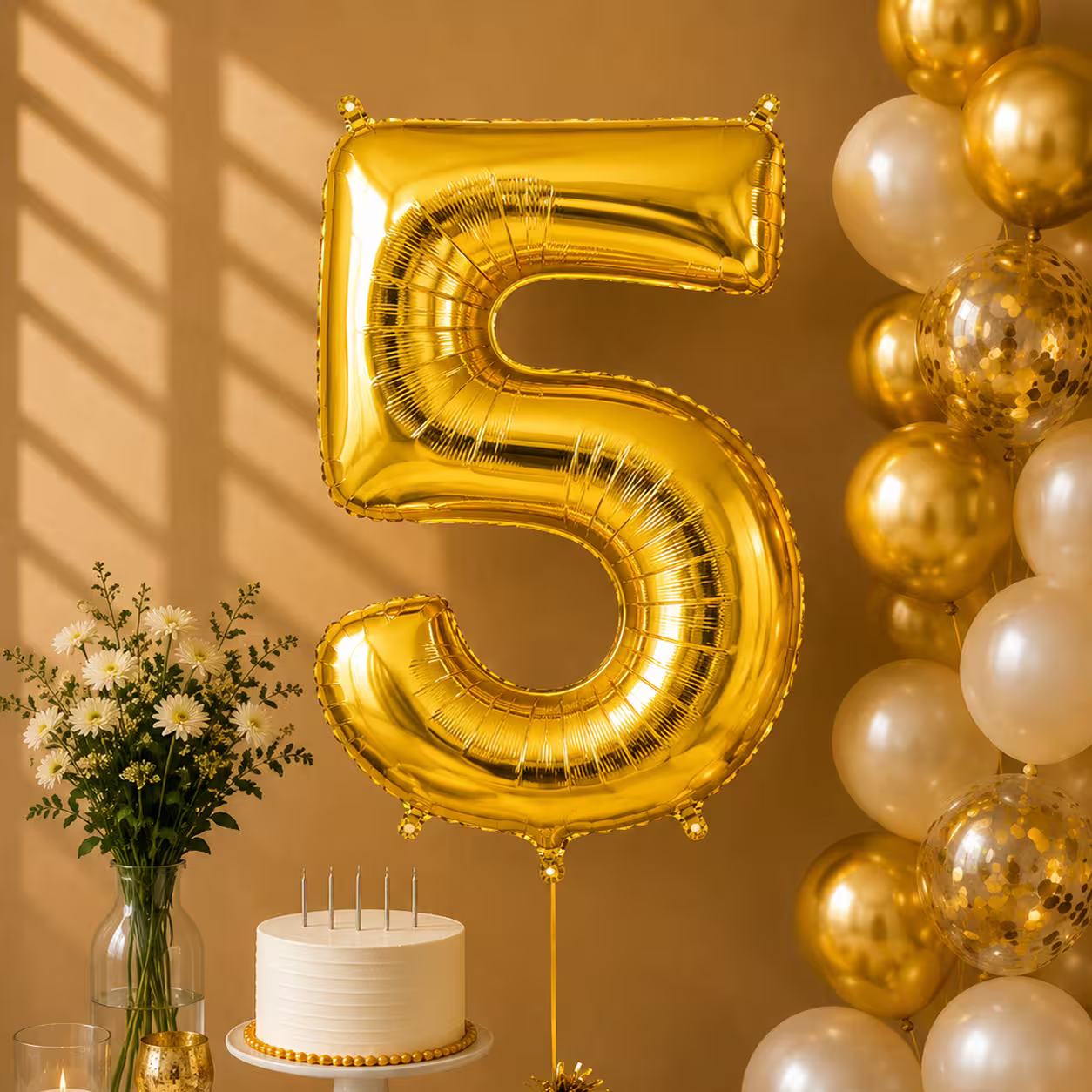 Balon cifra 5 auriu cu heliu ca decor de petrecere