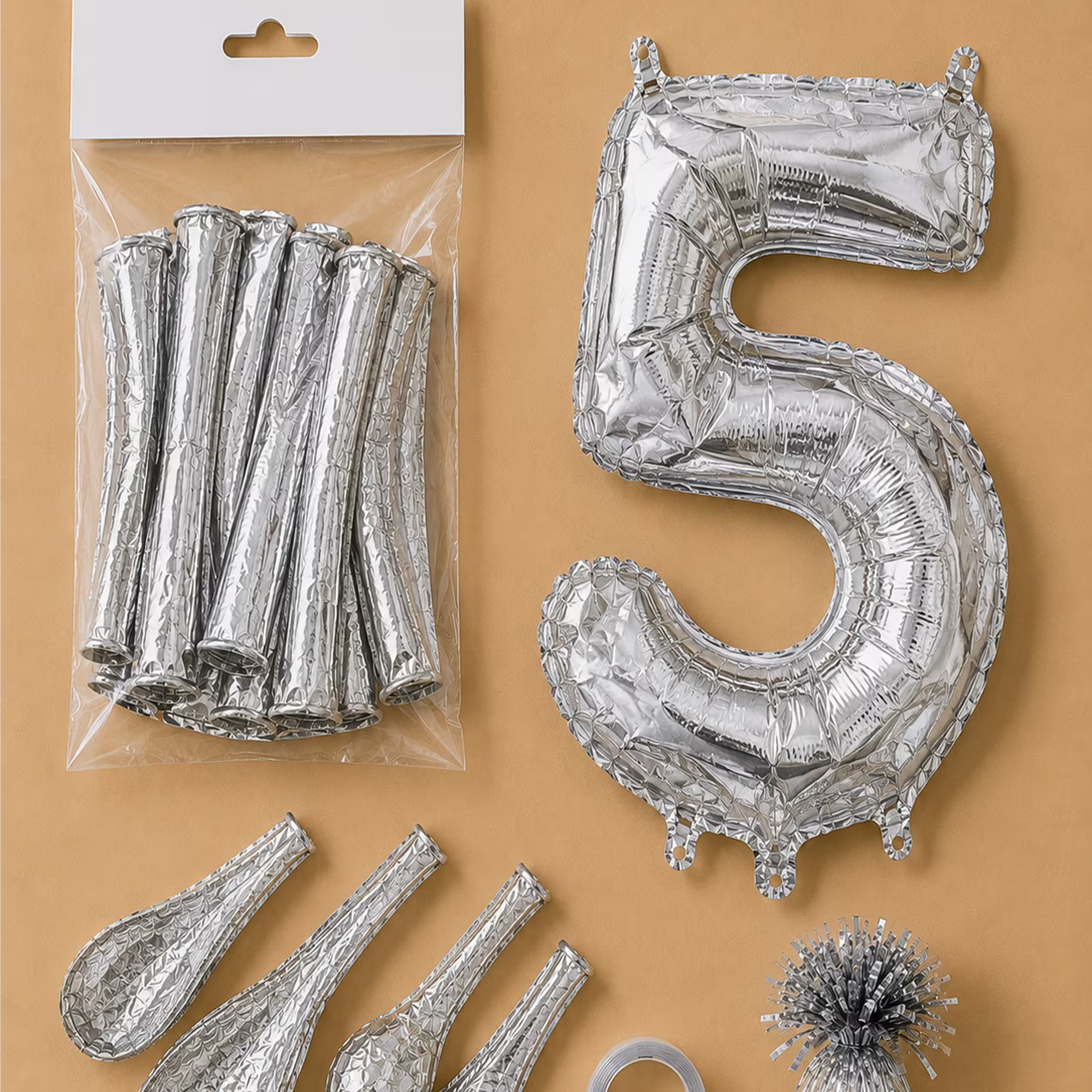 Set balon cifra 5 argintiu din folie, dezumflat