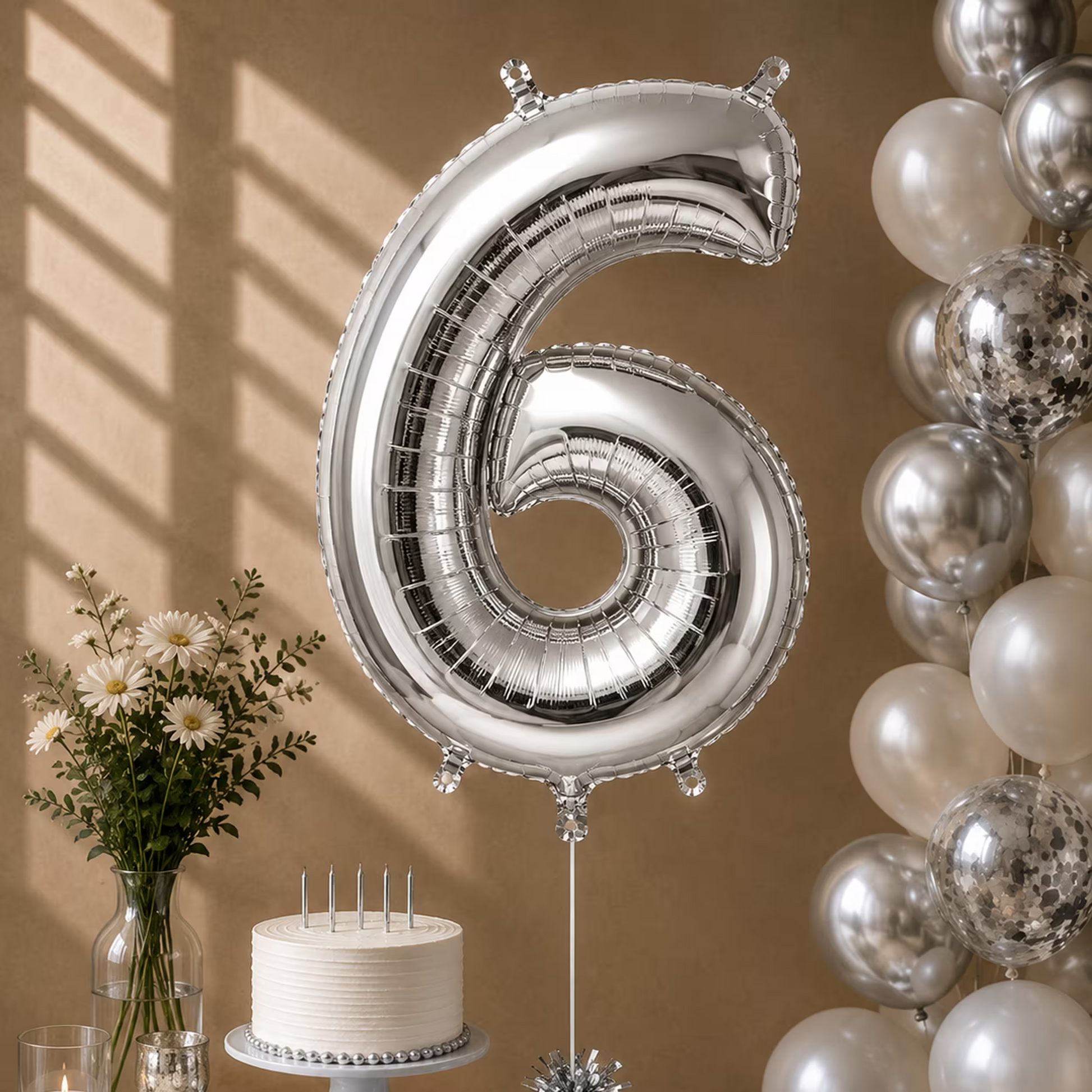 Balon cifra 6 argintiu cu heliu ca decor de petrecere