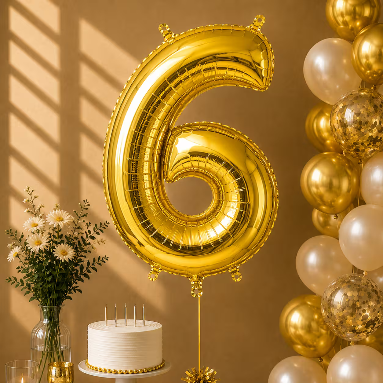 Balon cifra 6 auriu cu heliu ca decor de petrecere