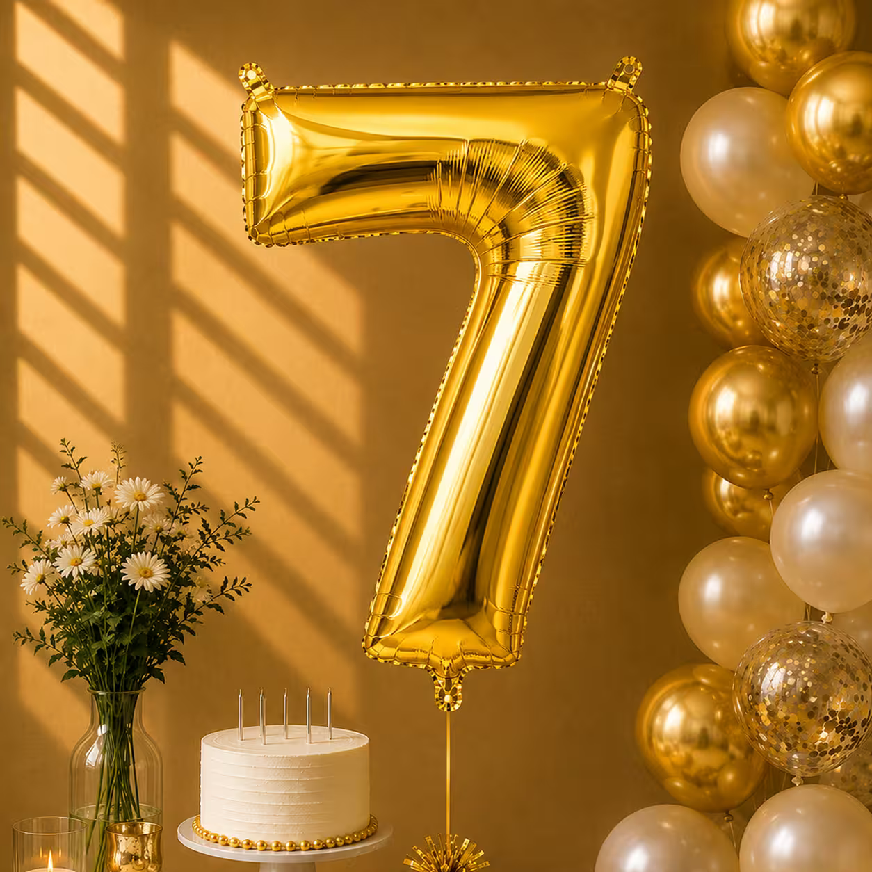 Balon cifra 7 auriu cu heliu ca decor de petrecere