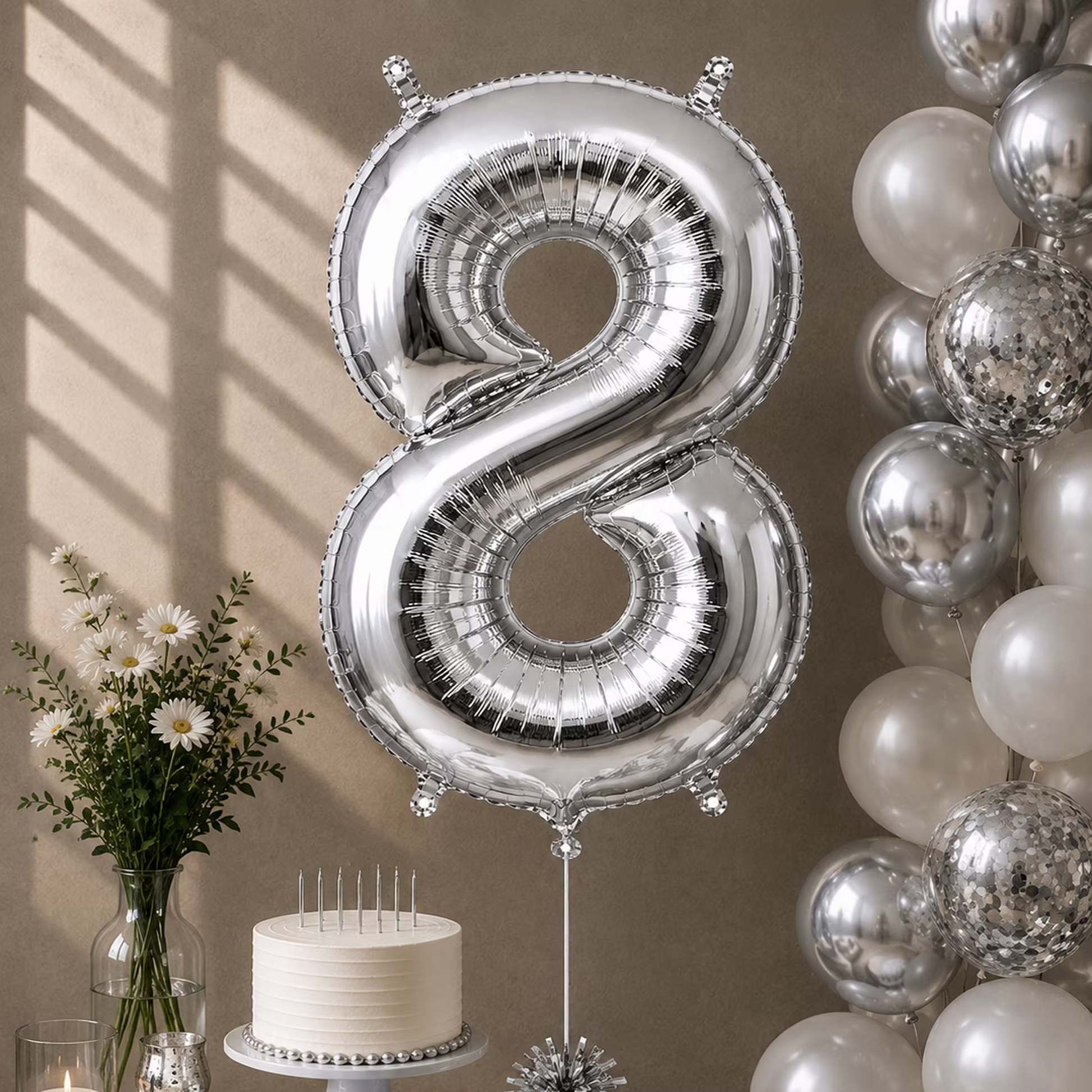 Balon cifra 8 argintiu cu heliu ca decor de petrecere