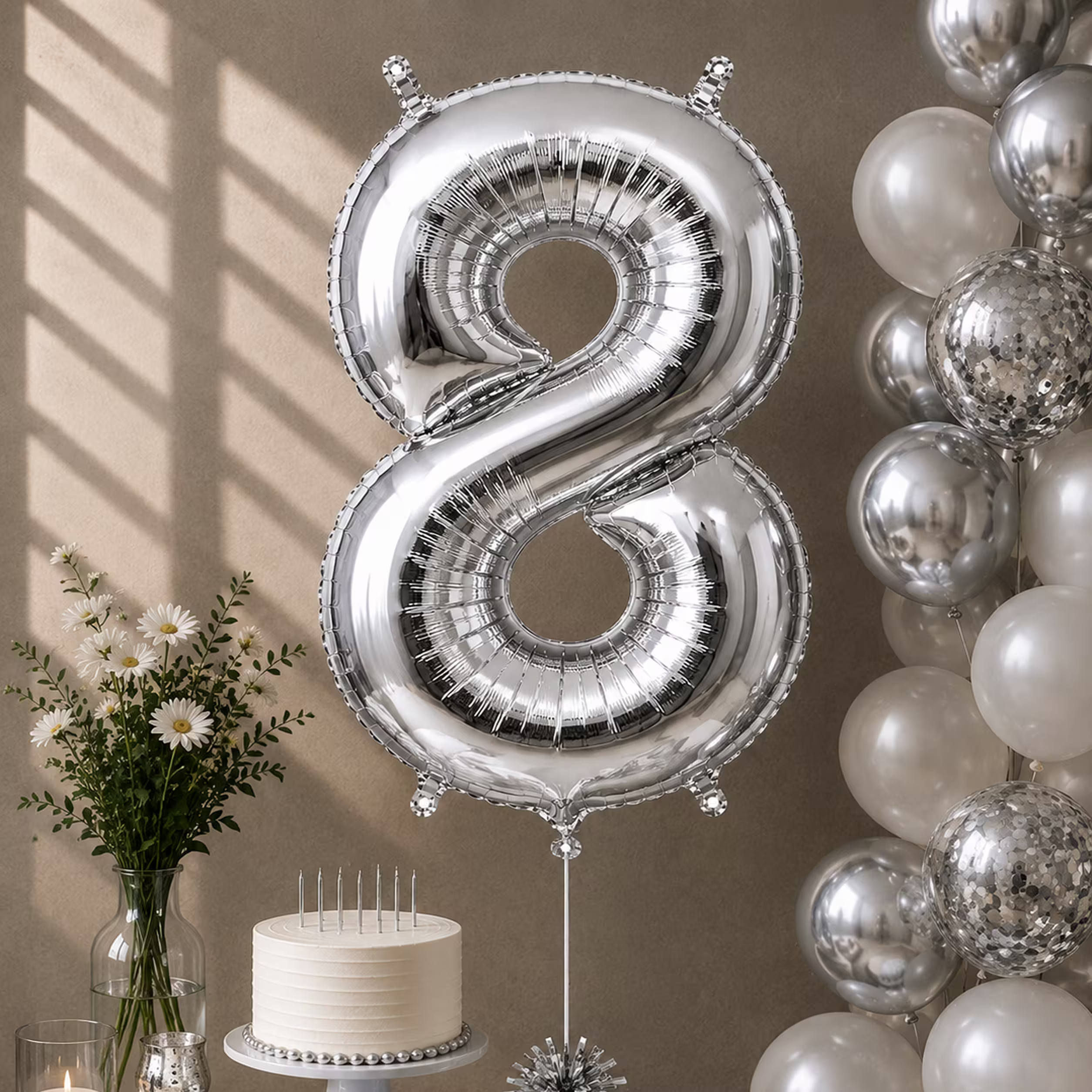 Balon cifra 8 argintiu cu heliu ca decor de petrecere