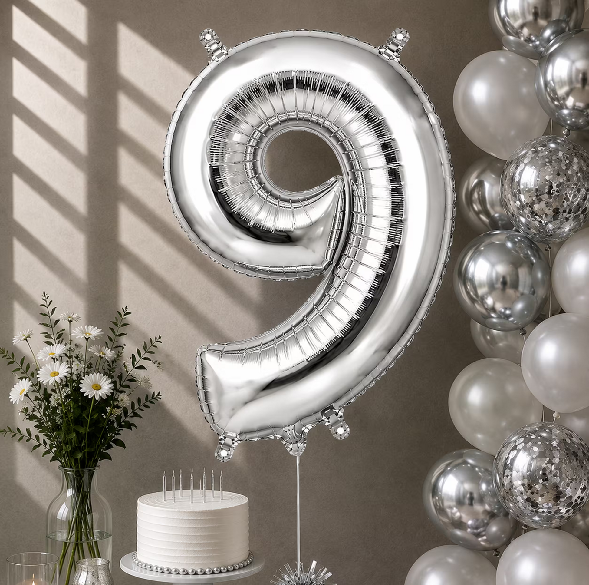 Balon cifra 9 argintiu cu heliu ca decor de petrecere