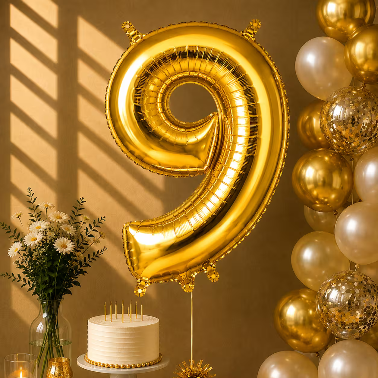 Balon cifra 9 auriu cu heliu ca decor de petrecere