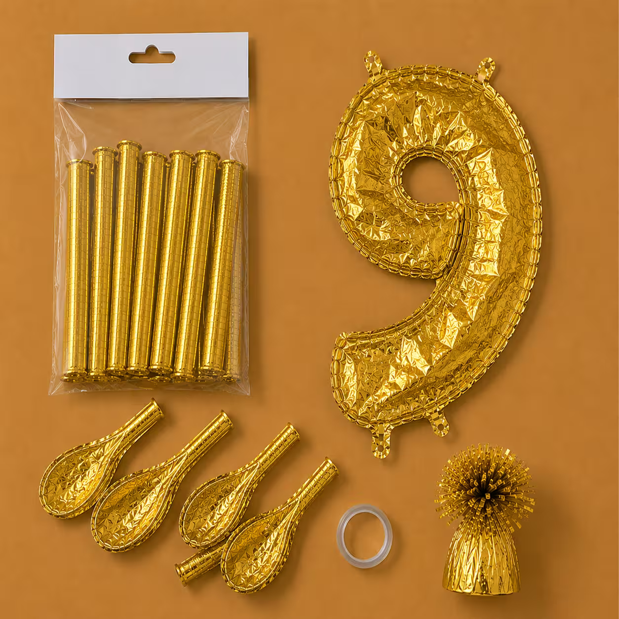 Set balon cifra 0 auriu din folie, dezumflat