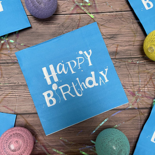 Servețele aniversare „Happy Birthday” albastre – set de 20 bucăți