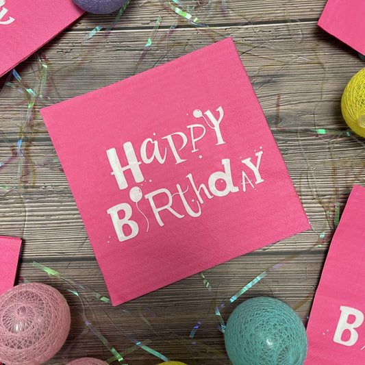 Servețele aniversare „Happy Birthday” roz – set de 20 bucăți