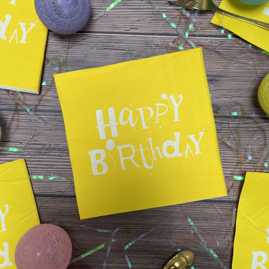 Servețele aniversare „Happy Birthday” galbene – set de 20 bucăți