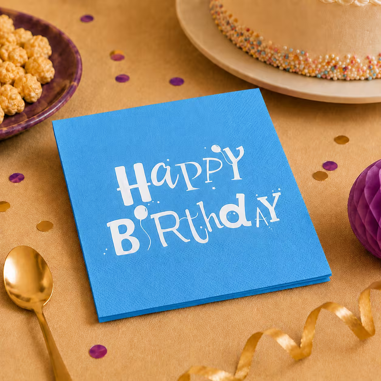 Șervețele Happy Birthday albastre cu decor de petrecere