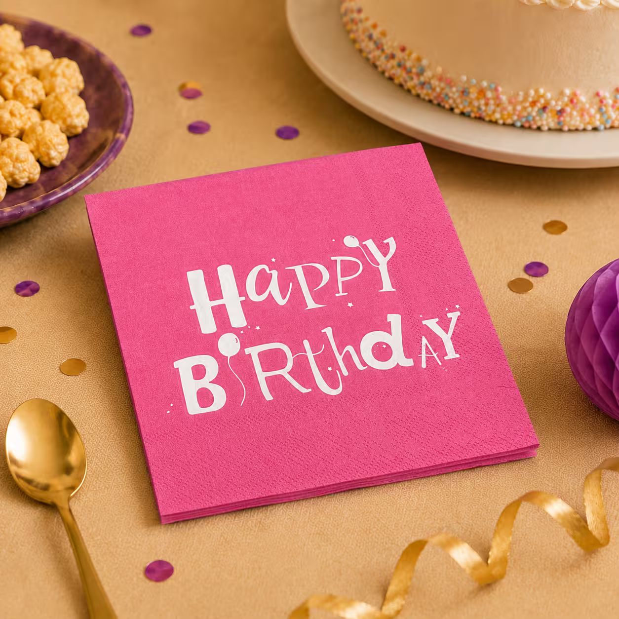 Șervețele Happy Birthday roz cu decor de petrecere