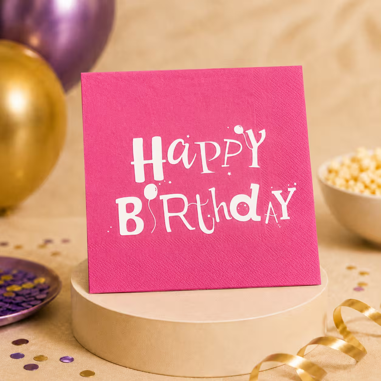 Detaliu cu șervețel de petrecere Happy Birthday roz