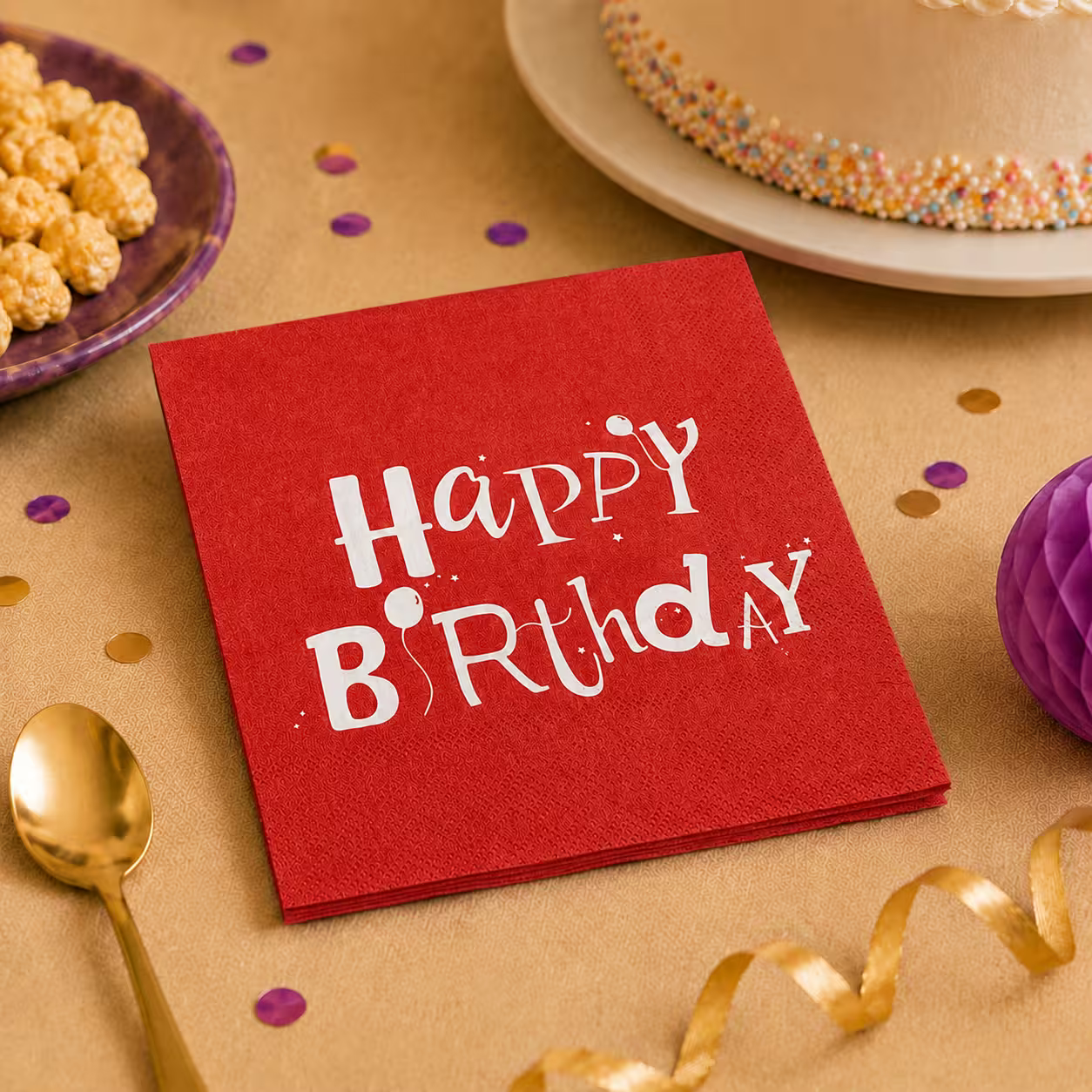 Șervețele Happy Birthday roșii cu decor de petrecere