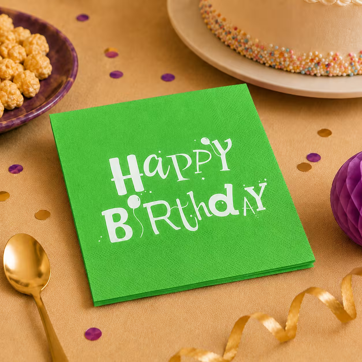 Șervețele Happy Birthday verzi cu decor de petrecere