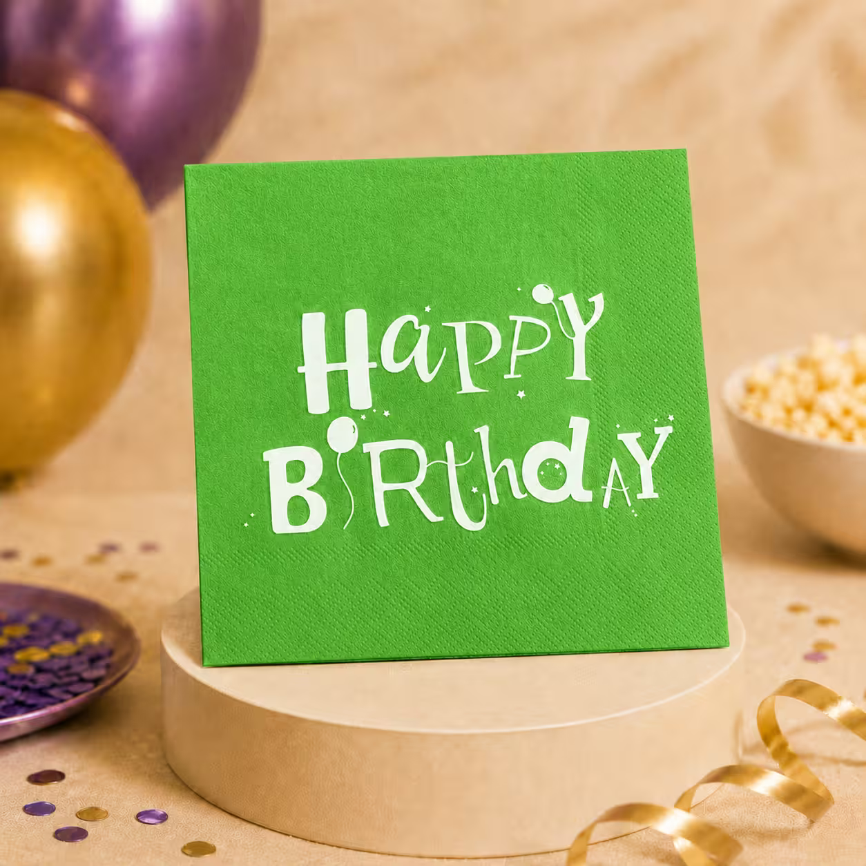 Detaliu cu șervețel de petrecere Happy Birthday verde